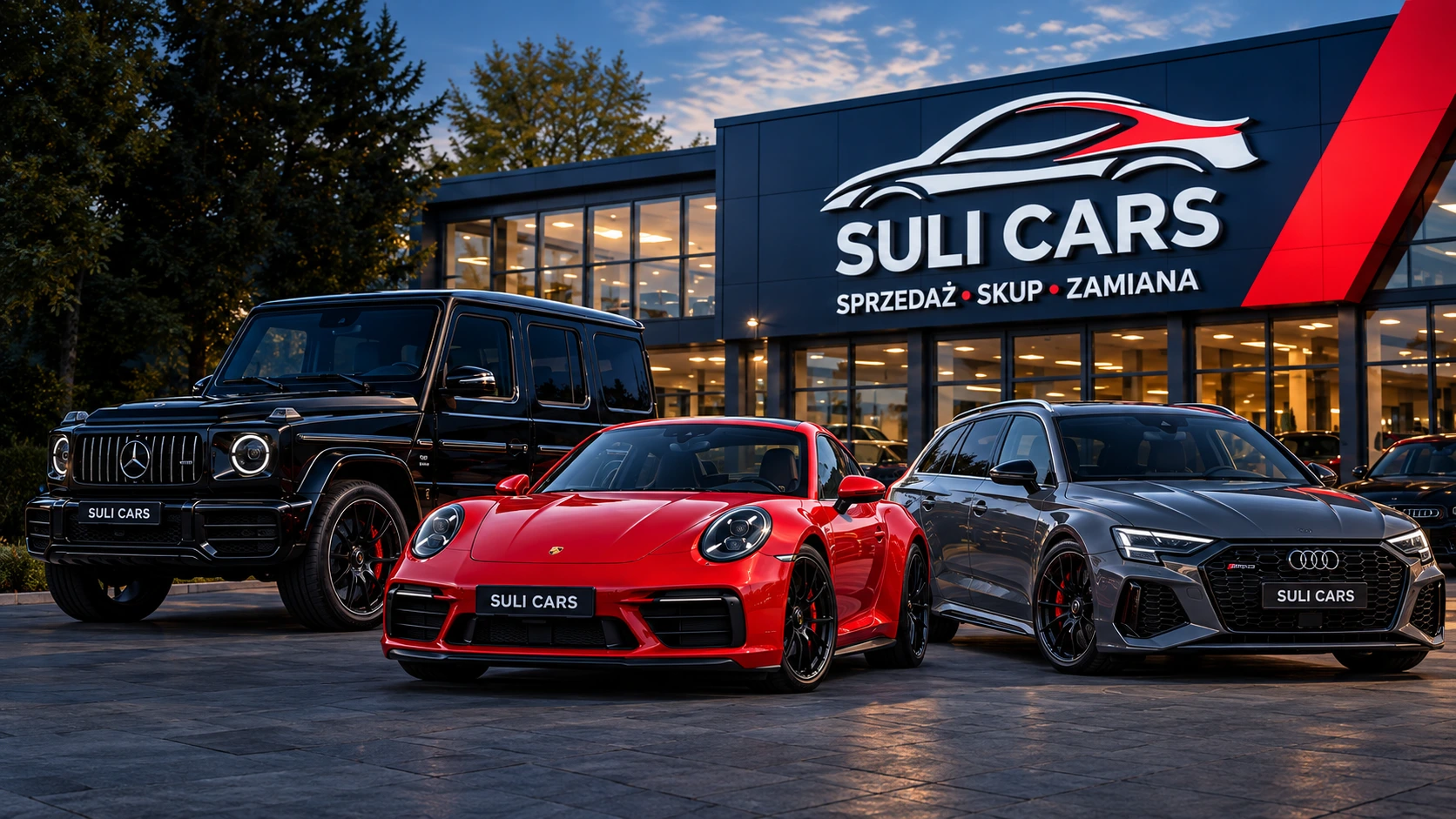 Wizualizacja komisu SULI CARS z przestrzennym logo na elewacji. Przed budynkiem stoją czarny Mercedes G63, czerwone Porsche 911 i Audi RS6 Avant.